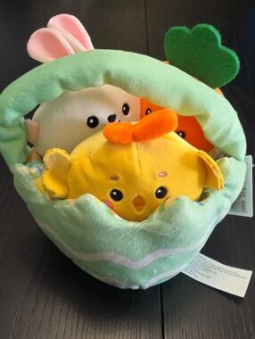 Easter Plush Basket with Bunny, Chick & Carrot - Pastel Green